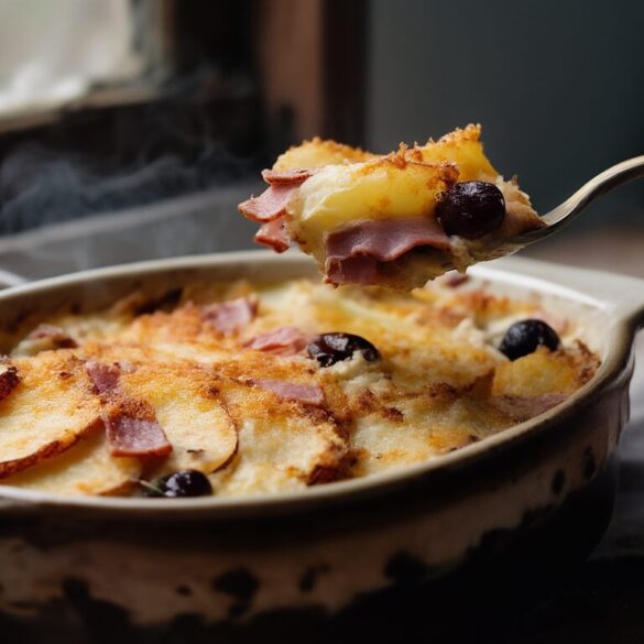 Schwarzwälder Kirschkartoffelgratin – fruchtig-herzhaft Goldbraun gebackener Schwarzwälder Kirschkartoffelgratin mit dunklen Kirschen, Schinken und geschmolzenem Käse in einer Auflaufform
