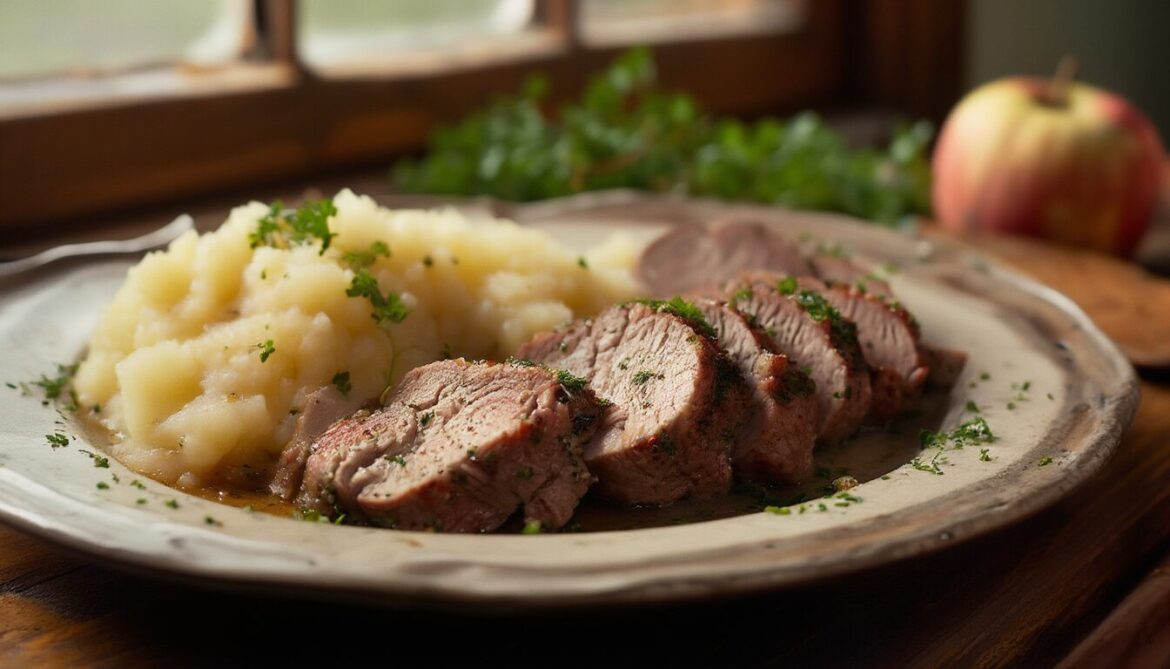 Aufgeschnittenes Schweinefilet mit Apfel-Sauerkraut und cremigem Kartoffelstampf auf einem Teller