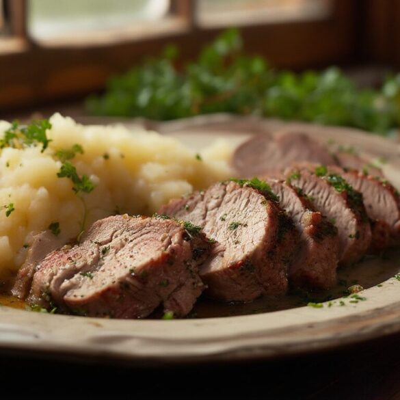 Schweinefilet mit Apfel-Sauerkraut und cremigem Kartoffelstampf Aufgeschnittenes Schweinefilet mit Apfel-Sauerkraut und cremigem Kartoffelstampf auf einem Teller