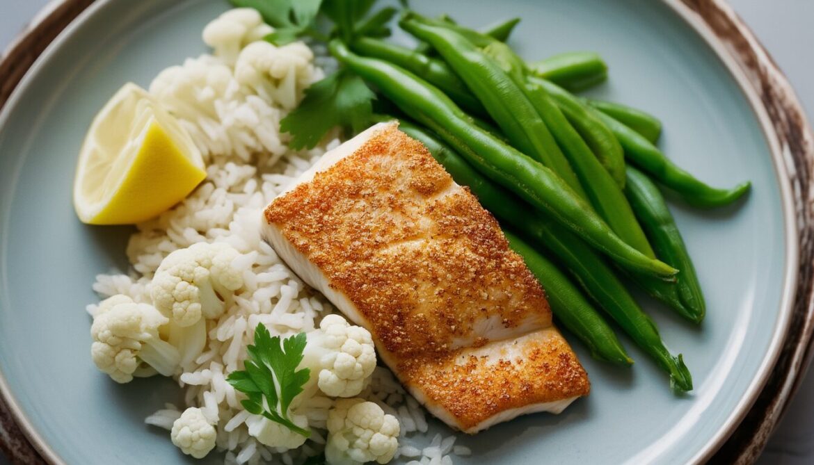 Gebratenes Seelachsfilet mit goldener Kruste auf Zuckerschoten und Blumenkohl, dazu Reis und Zitrone auf einem hellen Teller