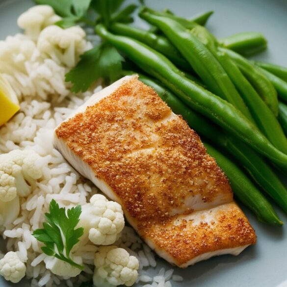 Seelachsfilet an Zuckerschoten & Blumenkohl mit Reis Gebratenes Seelachsfilet mit goldener Kruste auf Zuckerschoten und Blumenkohl, dazu Reis und Zitrone auf einem hellen Teller