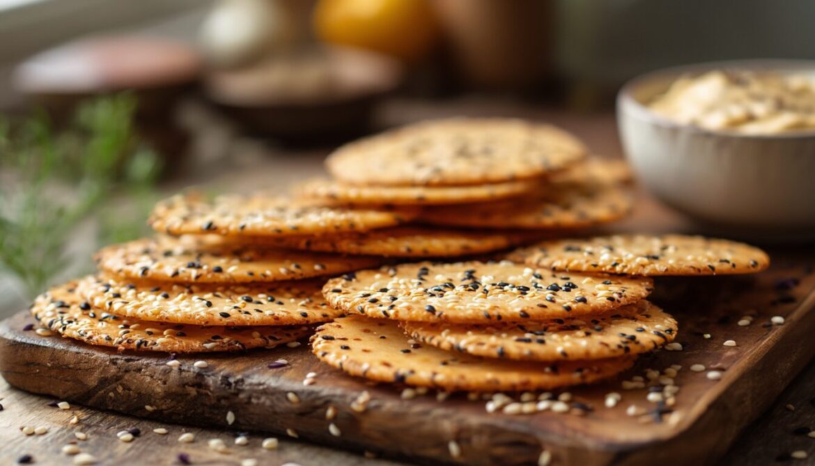 Selbst gemachte knusprige Sesamcracker mit hellem und schwarzem Sesam auf einem Holzbrett, daneben eine Schale Hummus