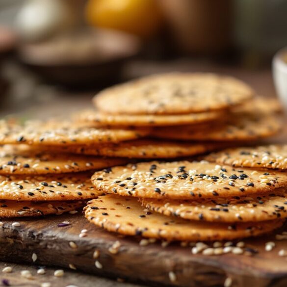 Sesamcracker selber machen: knusprig in 30 Minuten Selbst gemachte knusprige Sesamcracker mit hellem und schwarzem Sesam auf einem Holzbrett, daneben eine Schale Hummus