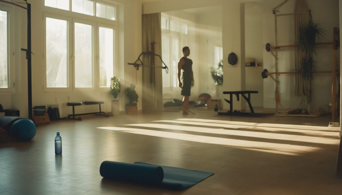 Frau Mitte 30 beim Krafttraining mit Kurzhanteln in einem hellen Home-Gym