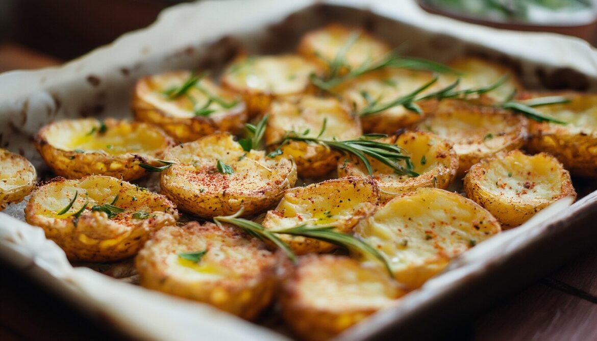 Knusprige Smashed Potatoes mit Knoblauch und Kräutern auf einem Backblech