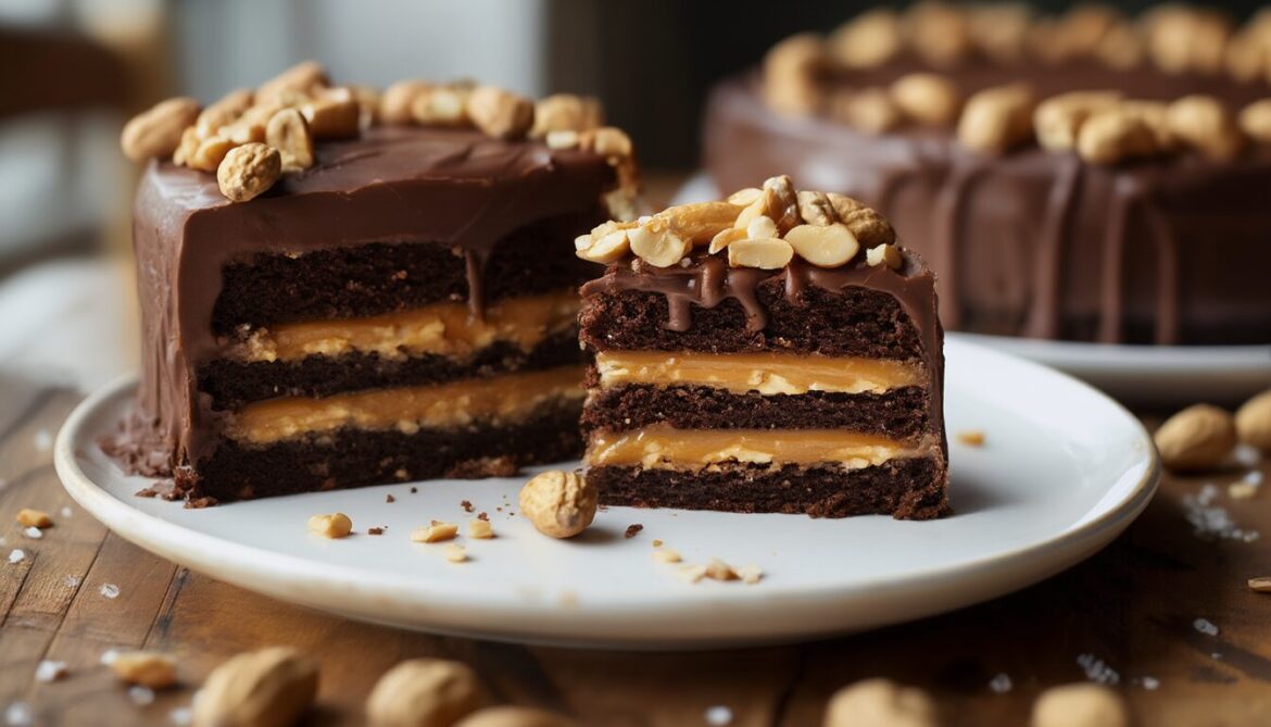 Angeschnittene Snickers-Torte mit Schokoboden, Karamell, Erdnüssen und glänzender Schokoladenglasur auf einem weißen Teller