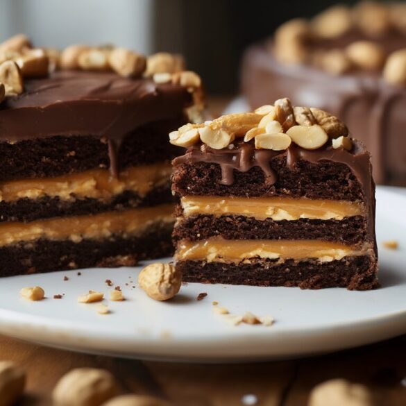 Snickers-Torte selber machen: cremiges Rezept mit Karamell Angeschnittene Snickers-Torte mit Schokoboden, Karamell, Erdnüssen und glänzender Schokoladenglasur auf einem weißen Teller