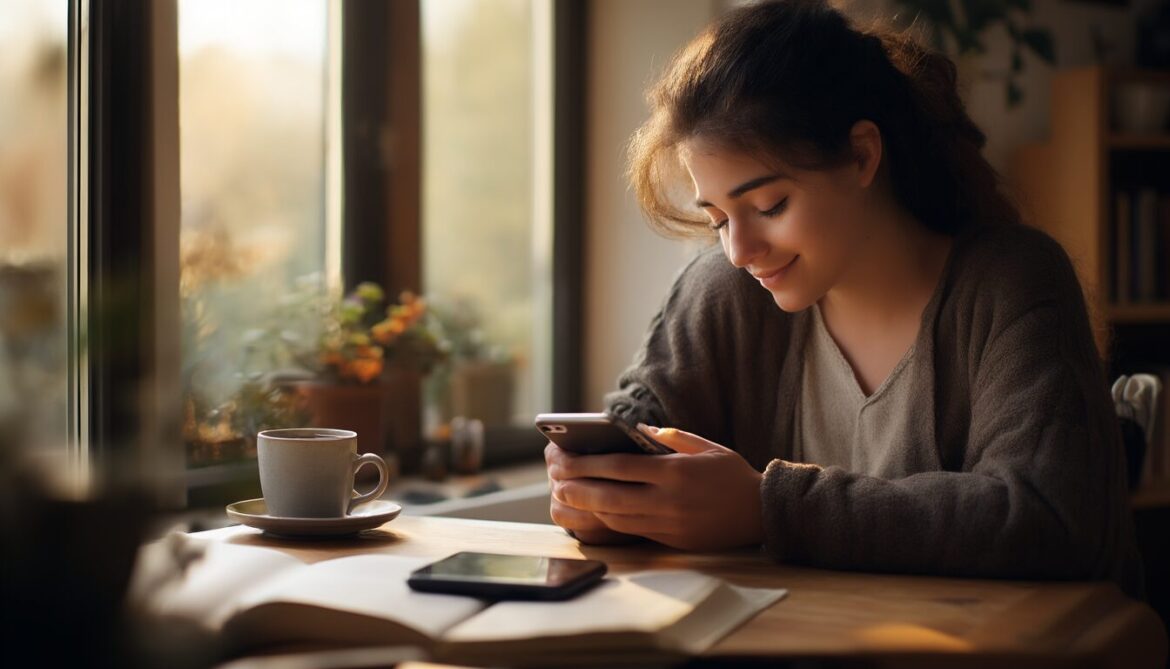 Junge Person legt das Smartphone am Fenster beiseite und greift zu Buch und Tee als bewusste Pause von Social Media