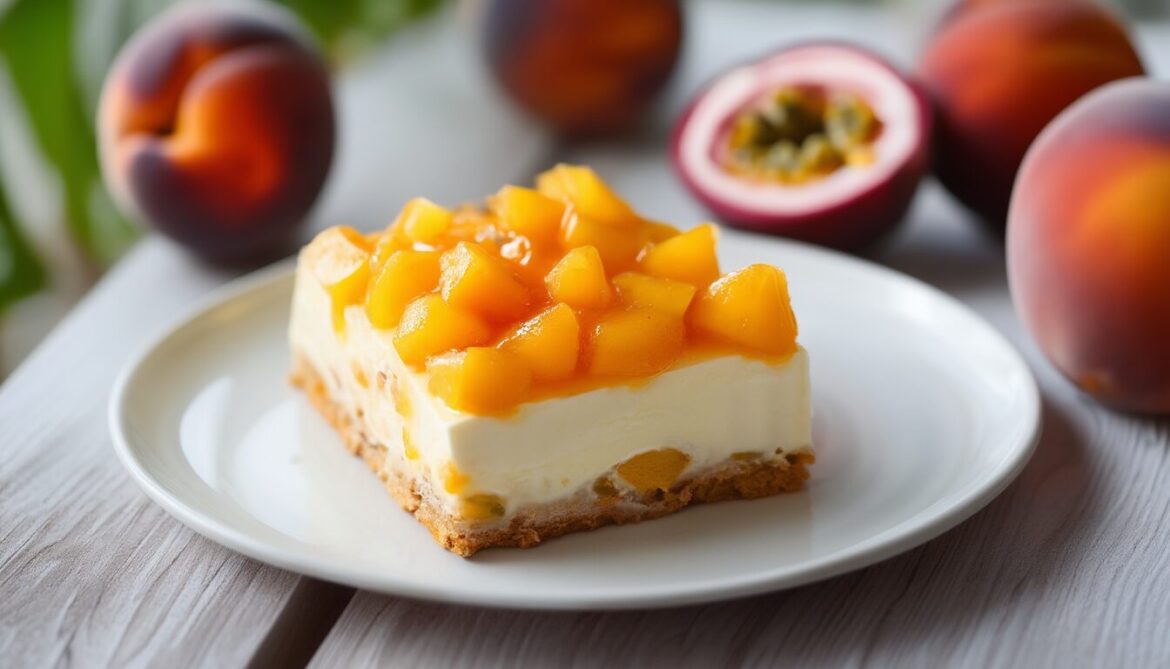 Stück Solero Torte mit Pfirsich-Maracuja-Creme und glänzendem Maracuja-Spiegel auf einem Teller