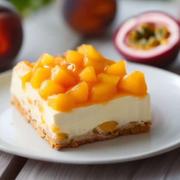 Solero Torte: Erfrischendes Pfirsich-Maracuja-Rezept ohne Backen Stück Solero Torte mit Pfirsich-Maracuja-Creme und glänzendem Maracuja-Spiegel auf einem Teller