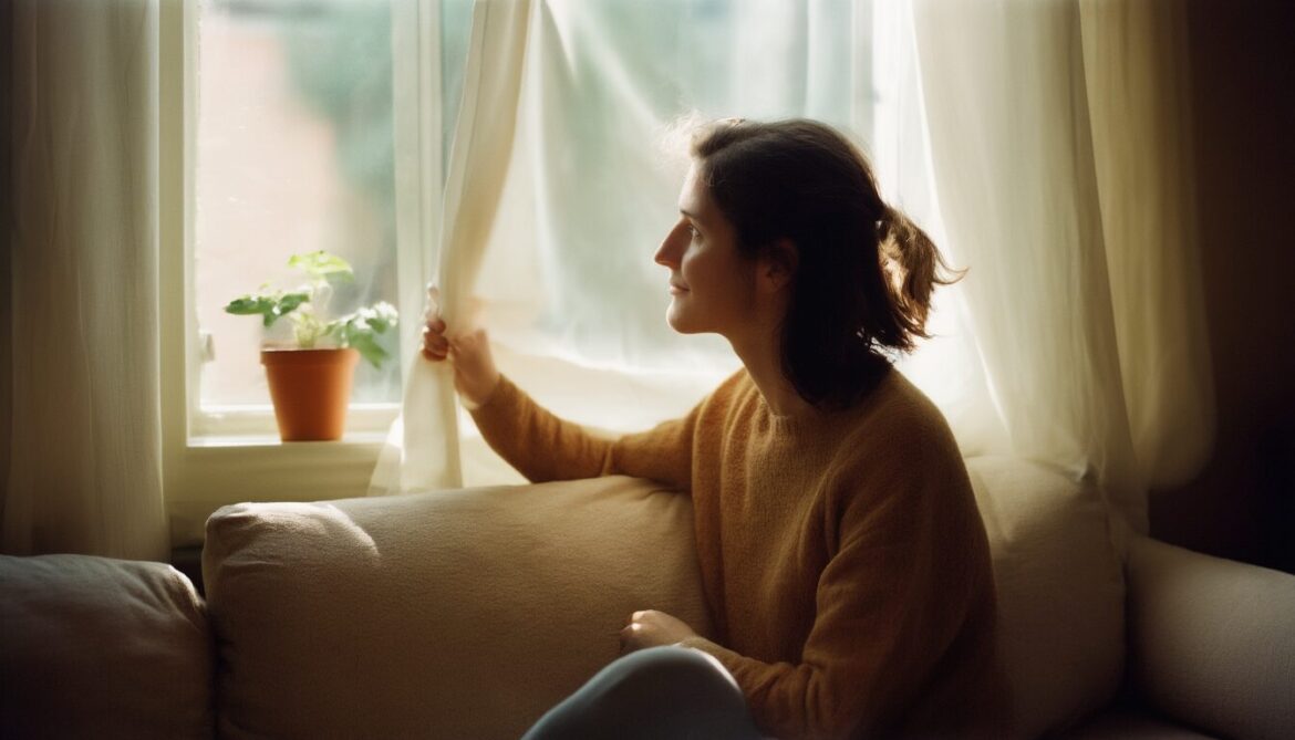 Person öffnet am Fenster den Vorhang und blickt hoffnungsvoll nach draußen – ein erster Schritt aus der Isolation bei Depression