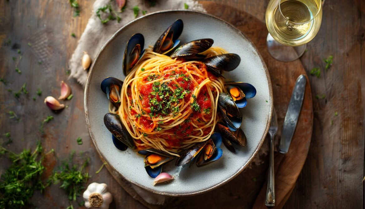 Teller Spaghetti mit Muscheln in Tomatensauce, garniert mit frischer Petersilie