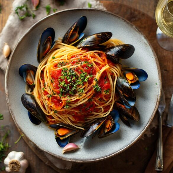 Spaghetti mit Muscheln – klassisches Rezept mit Varianten Teller Spaghetti mit Muscheln in Tomatensauce, garniert mit frischer Petersilie