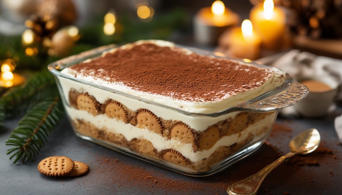 Spekulatius-Tiramisu in Glasform mit cremigen Mascarpone-Schichten und Kakao bestäubt auf weihnachtlichem Tisch