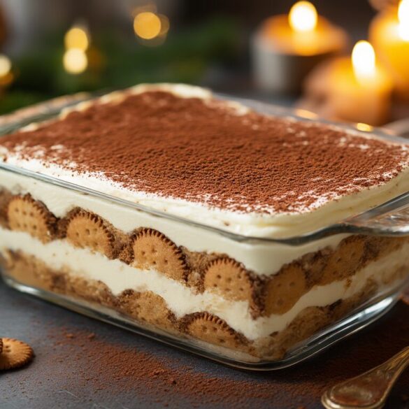 Spekulatius-Tiramisu: einfaches Rezept ohne Ei Spekulatius-Tiramisu in Glasform mit cremigen Mascarpone-Schichten und Kakao bestäubt auf weihnachtlichem Tisch