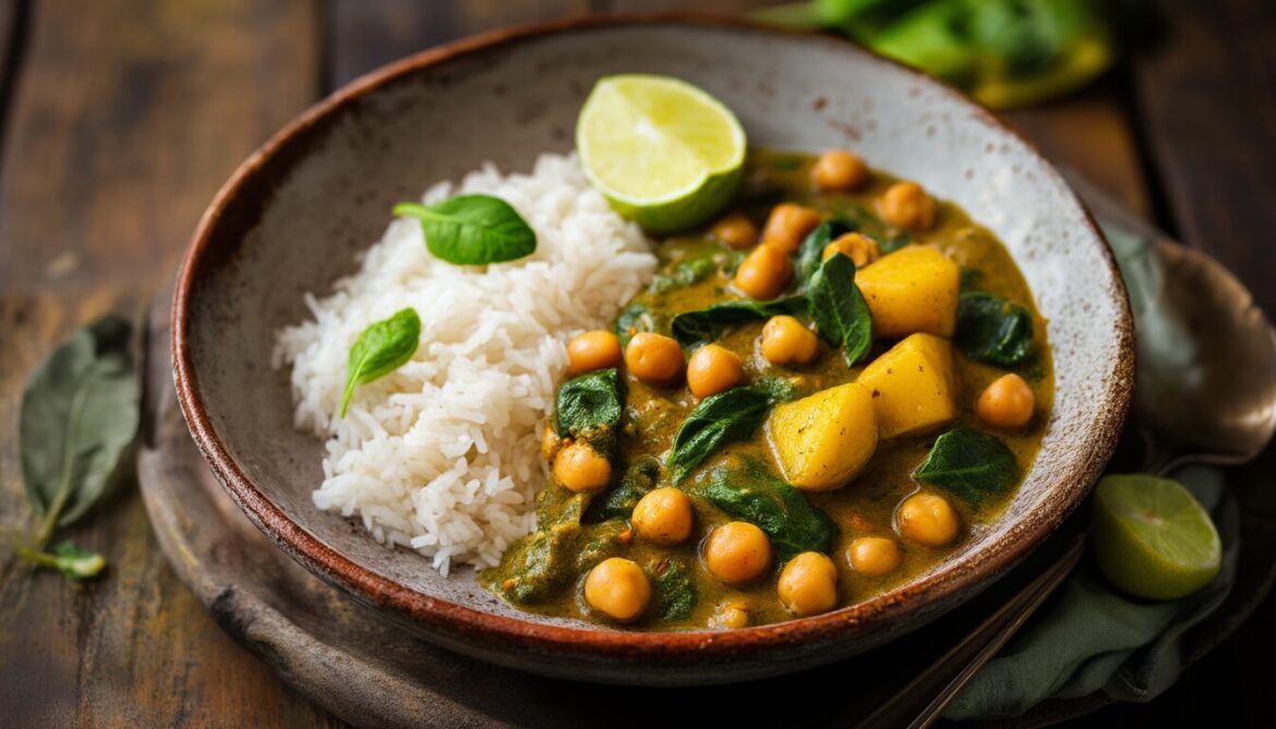 Cremiges veganes Spinat-Kokos-Curry mit Kichererbsen und Basmati-Reis in einer Schale