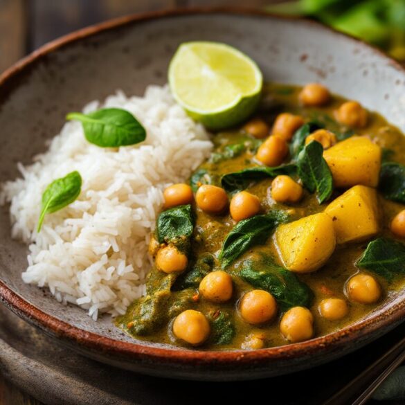 Spinat-Kokos-Curry: cremig-veganes Curry in 30 Minuten Cremiges veganes Spinat-Kokos-Curry mit Kichererbsen und Basmati-Reis in einer Schale