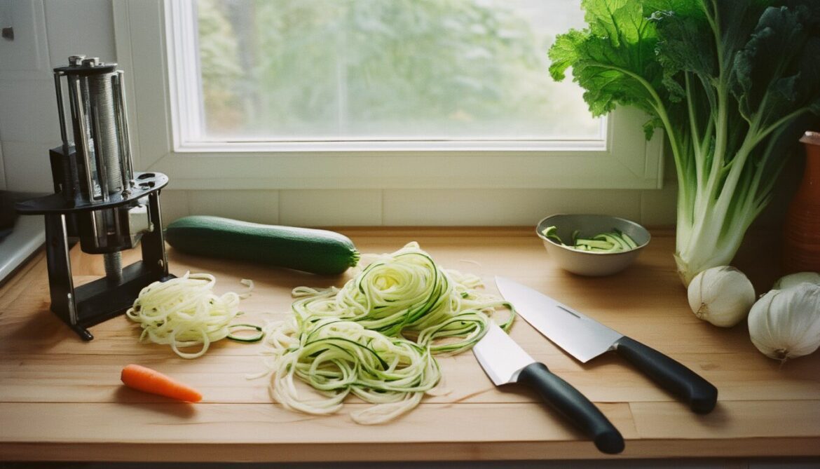 Spiralschneider mit frischen Zucchini-Zoodles und weiterem Gemüse auf einem Holztisch