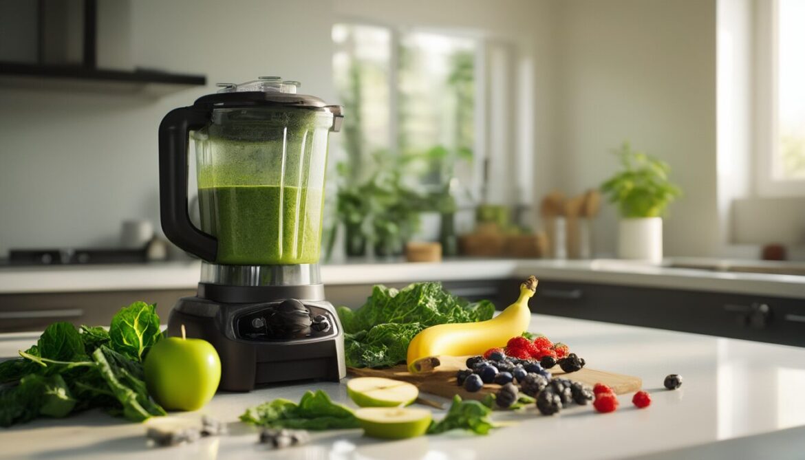 Hochleistungs-Standmixer mit grünem Smoothie auf einer Küchenarbeitsplatte, umgeben von Spinat, Grünkohl, Banane und Apfel