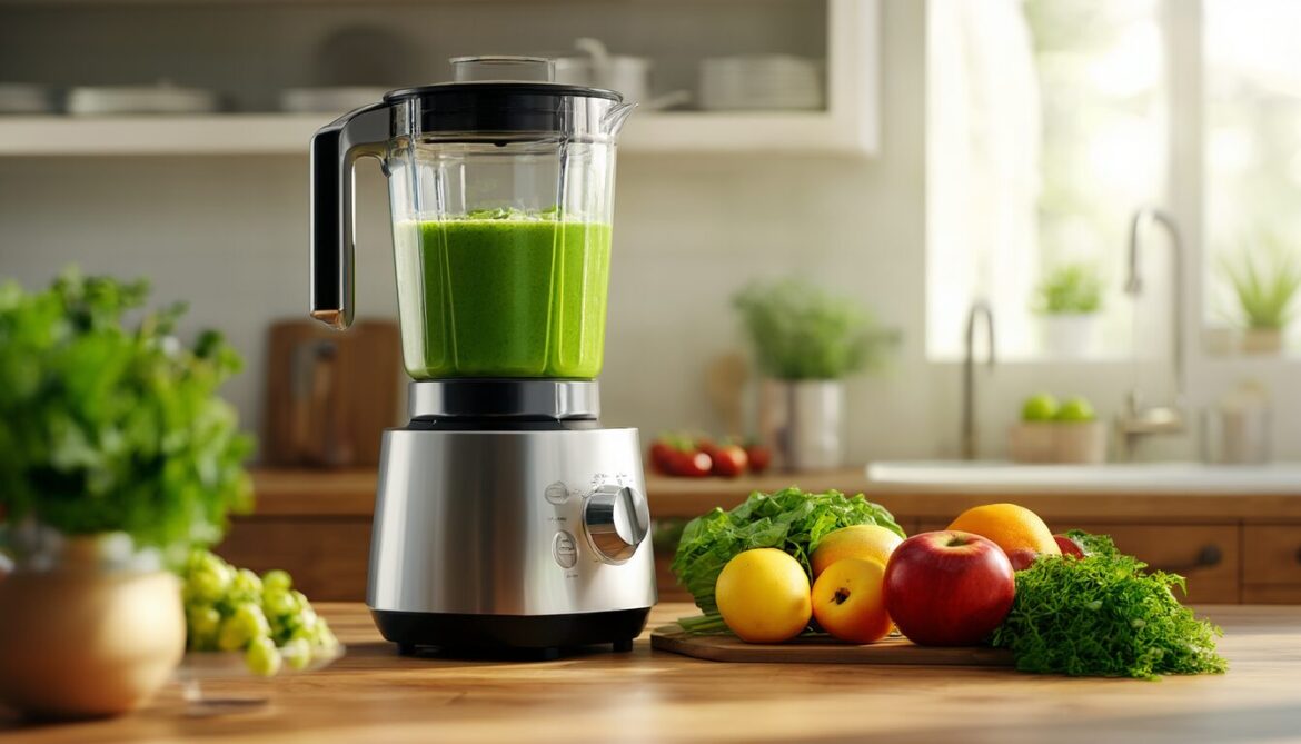 Standmixer auf der Küchenarbeitsplatte mit grünem Smoothie und frischem Obst und Gemüse