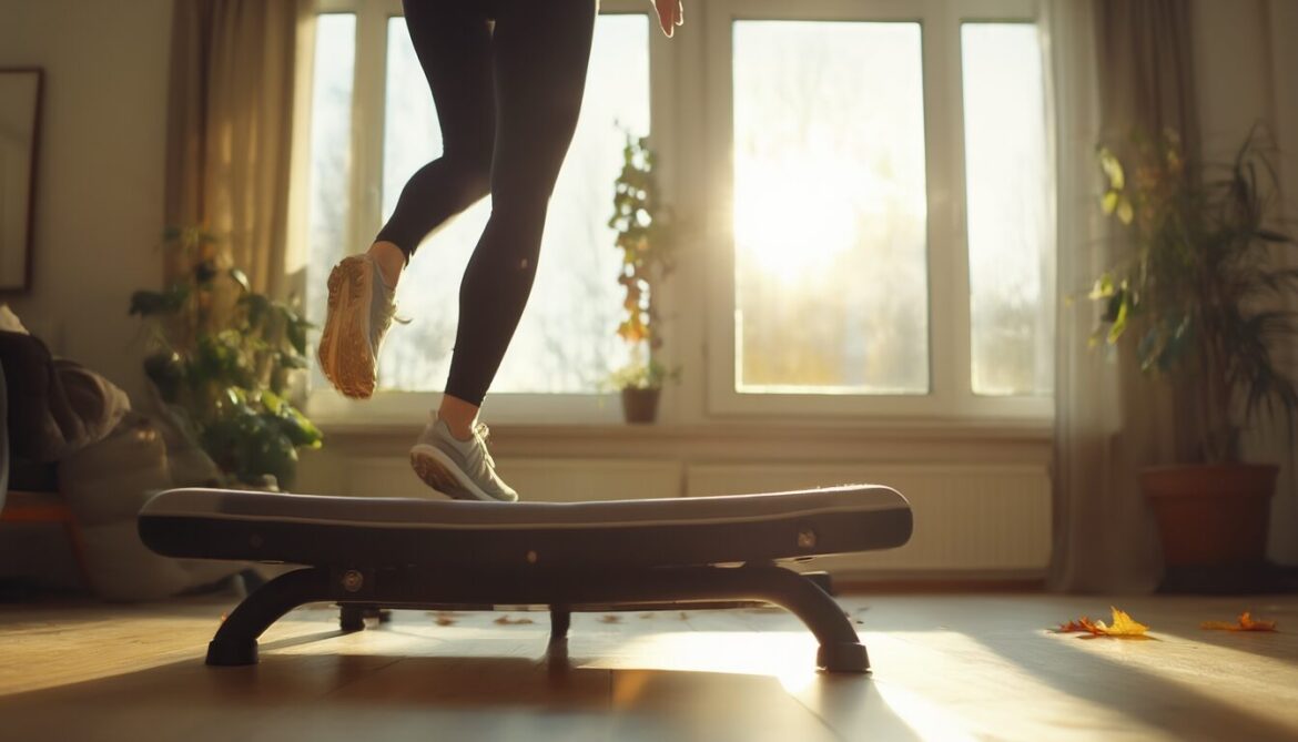 Frau macht zu Hause Step Aerobic auf einem höhenverstellbaren Step-Brett im herbstlichen Wohnzimmer
