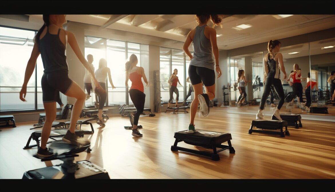 Gruppe trainiert Step-Aerobic auf höhenverstellbaren Step-Boards in einem hellen Fitnessstudio