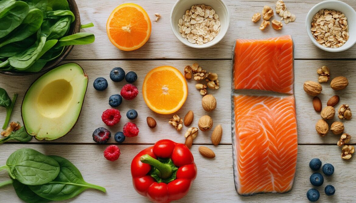 Hautfreundliche Lebensmittel wie Lachs, Avocado, Beeren, Nüsse und Paprika auf einem hellen Holztisch