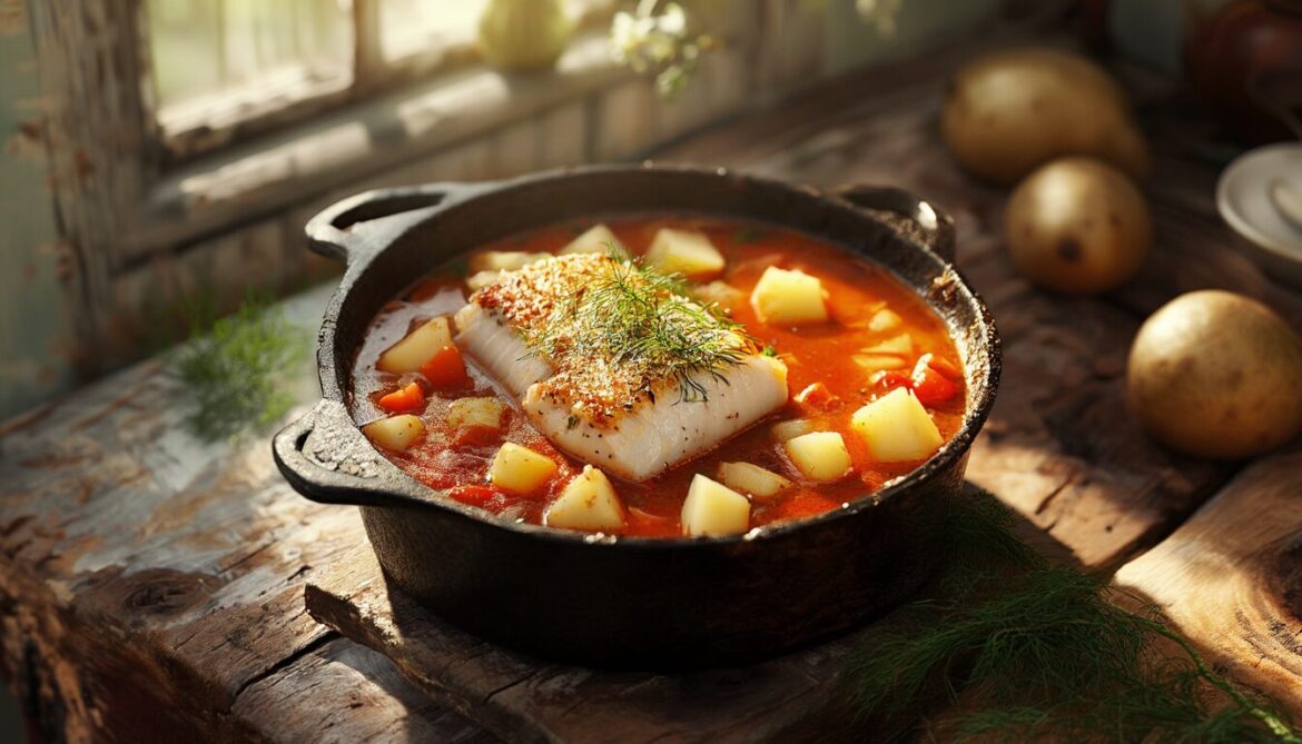 Süddeutscher Kabeljau-Eintopf mit Kartoffeln, Tomaten und frischem Dill in einem gusseisernen Topf