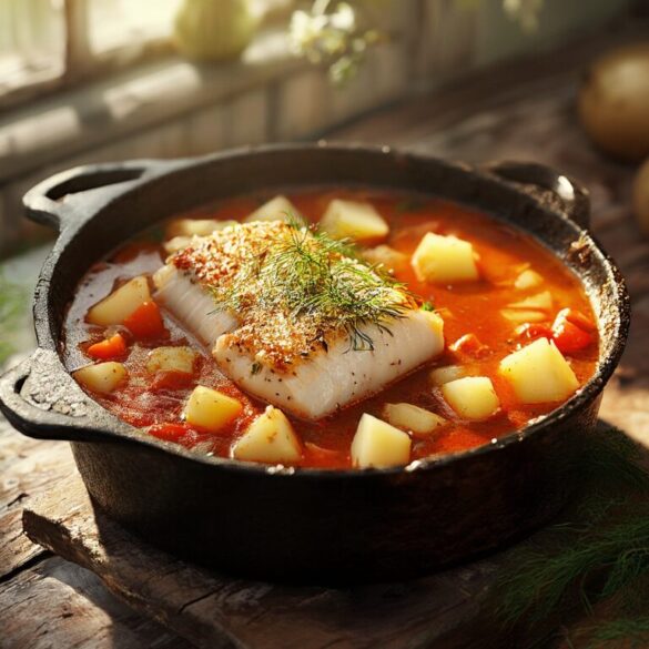 Süddeutscher Kabeljau-Eintopf: herzhaftes Fischeintopf-Rezept Süddeutscher Kabeljau-Eintopf mit Kartoffeln, Tomaten und frischem Dill in einem gusseisernen Topf