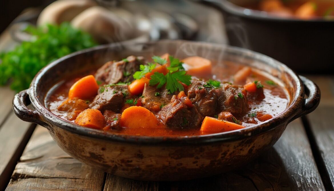 Tiefer Teller süddeutscher Kesselgoulasch mit Rindfleisch und Möhren in dunkler Paprikasoße, garniert mit Petersilie