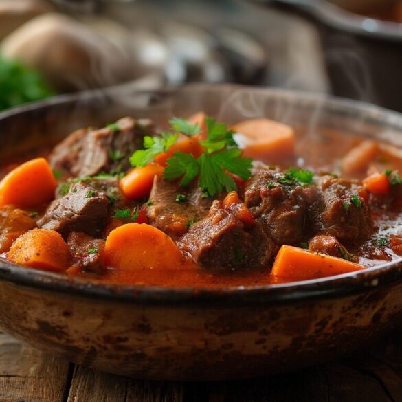 Süddeutscher Kesselgoulasch mit Rindfleisch und Möhren Tiefer Teller süddeutscher Kesselgoulasch mit Rindfleisch und Möhren in dunkler Paprikasoße, garniert mit Petersilie