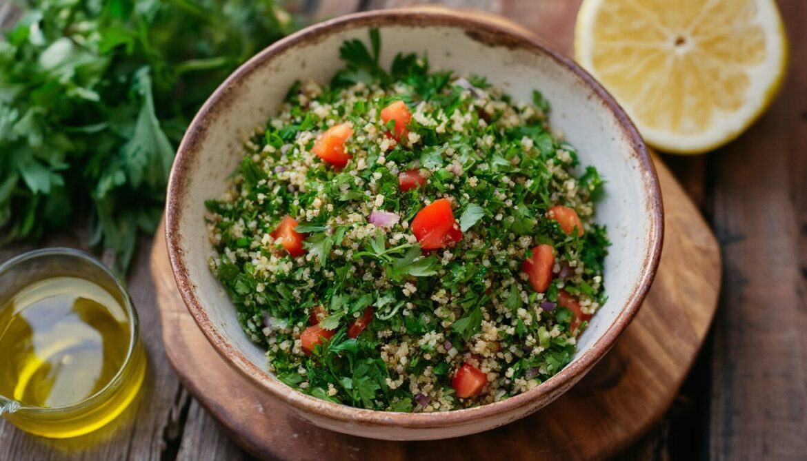 Schüssel mit frischem Tabouleh aus Bulgur, viel gehackter Petersilie, Tomatenwürfeln und Frühlingszwiebeln