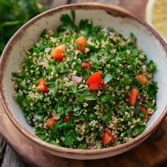 Schüssel mit frischem Tabouleh aus Bulgur, viel gehackter Petersilie, Tomatenwürfeln und Frühlingszwiebeln