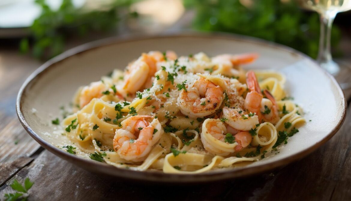 Tagliatelle mit Scampis in cremiger Weißweinsoße, bestreut mit Petersilie und Parmesan