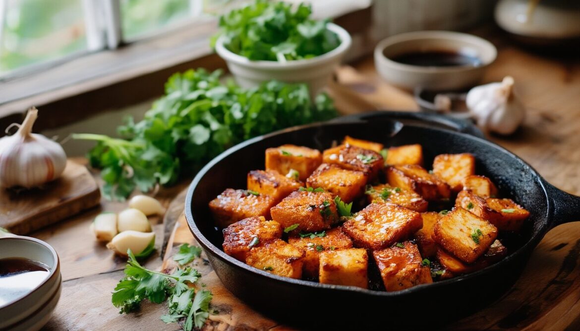 Goldbraun gebratene, knusprige Tempeh-Scheiben in einer Gusseisenpfanne mit Marinade, Knoblauch und Kräutern