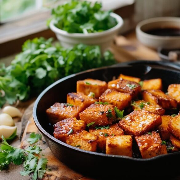 Goldbraun gebratene, knusprige Tempeh-Scheiben in einer Gusseisenpfanne mit Marinade, Knoblauch und Kräutern