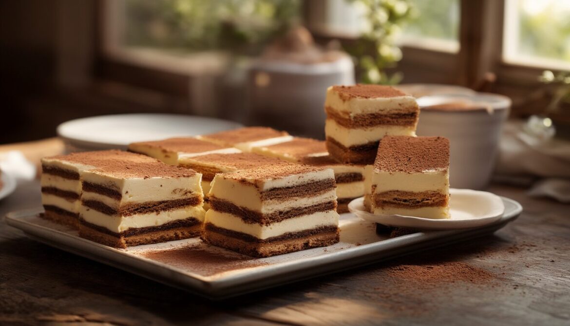 Tiramisu Schnitten in Quadrate geschnitten, mit Kakao bestäubt, auf rustikalem Holztisch