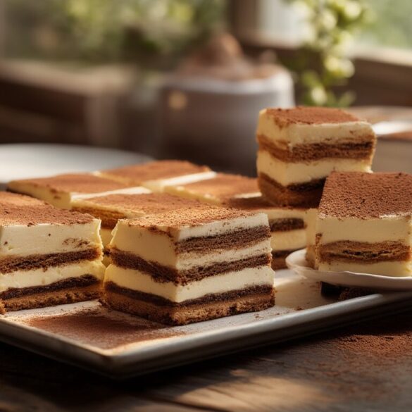 Tiramisu Schnitten: einfaches Rezept vom Blech Tiramisu Schnitten in Quadrate geschnitten, mit Kakao bestäubt, auf rustikalem Holztisch