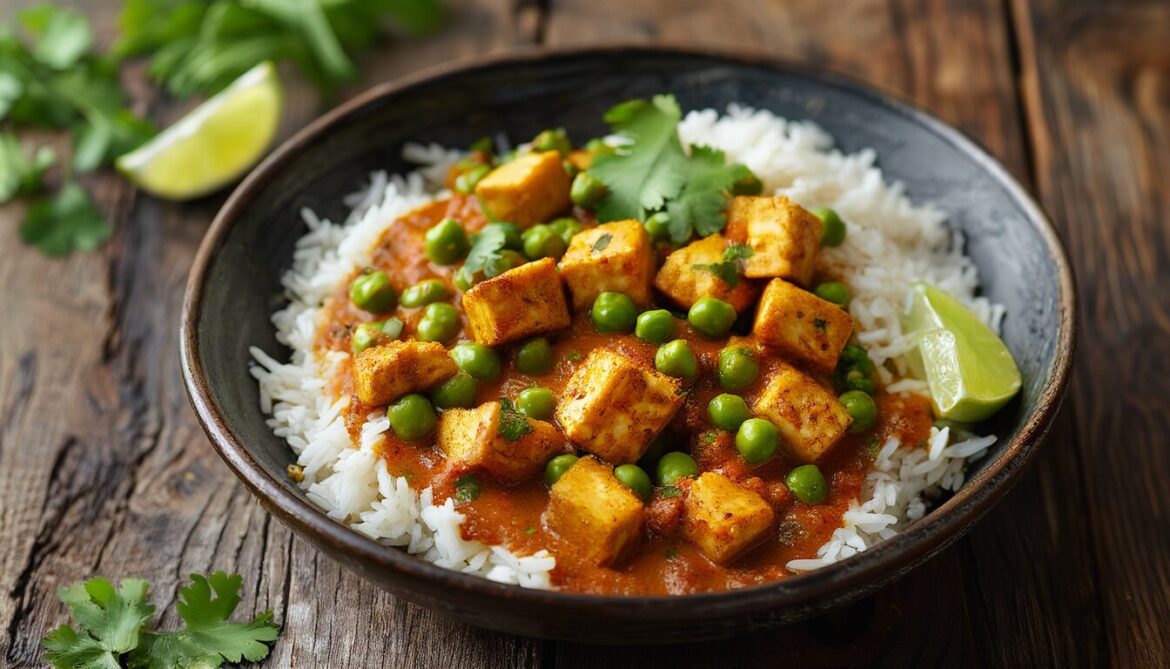 Veganes Tofu Curry mit Erbsen in cremiger Kokossoße, serviert mit Reis und frischem Koriander