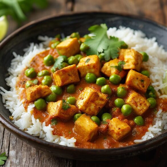 Tofu Curry mit Erbsen und Reis: cremig in 30 Minuten Veganes Tofu Curry mit Erbsen in cremiger Kokossoße, serviert mit Reis und frischem Koriander
