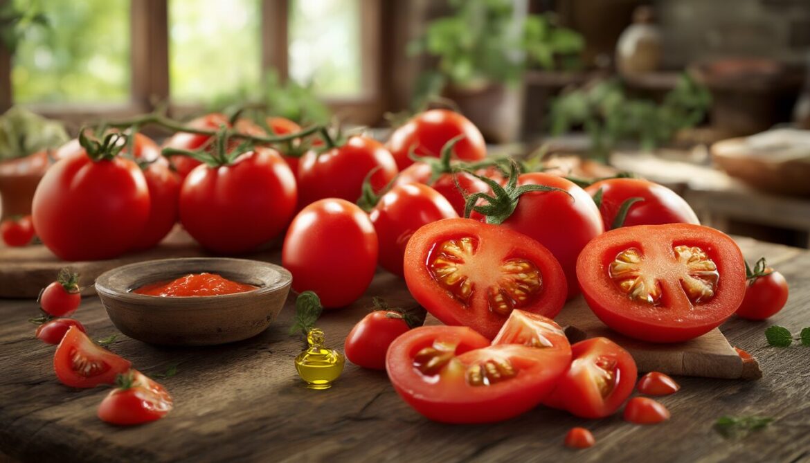 Frische rote Tomaten, teils aufgeschnitten, auf einem Holztisch mit Olivenöl und Tomatensauce