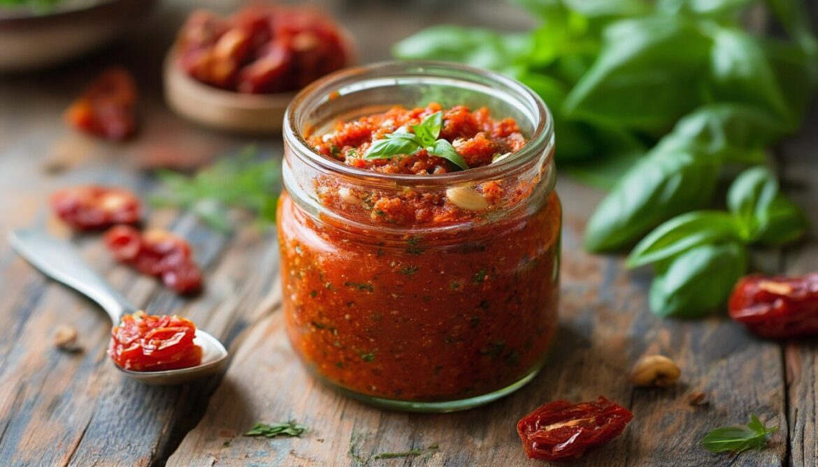 Selbst gemachtes Tomatenpesto aus getrockneten Tomaten in einem Glas mit Pinienkernen und frischem Basilikum