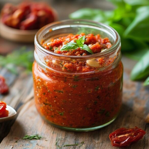 Tomatenpesto selber machen – cremig in 10 Minuten Selbst gemachtes Tomatenpesto aus getrockneten Tomaten in einem Glas mit Pinienkernen und frischem Basilikum
