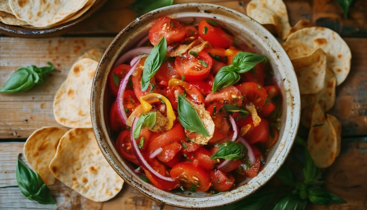 Frischer Tomatensalat mit roter Zwiebel und Paprika, garniert mit knusprigen gebackenen Vollkorn-Wraps-Chips