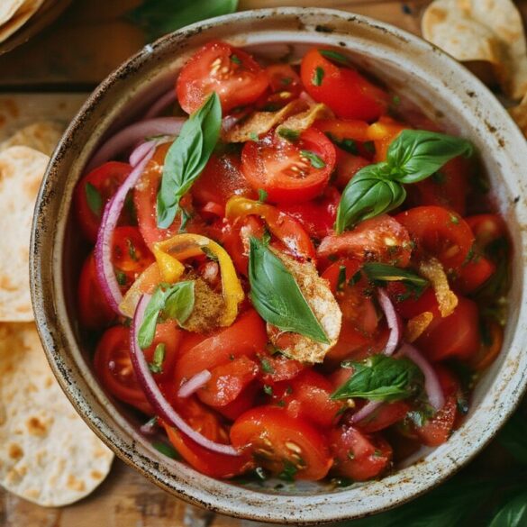 Tomatensalat mit gebackenen Vollkorn-Wraps-Chips Frischer Tomatensalat mit roter Zwiebel und Paprika, garniert mit knusprigen gebackenen Vollkorn-Wraps-Chips