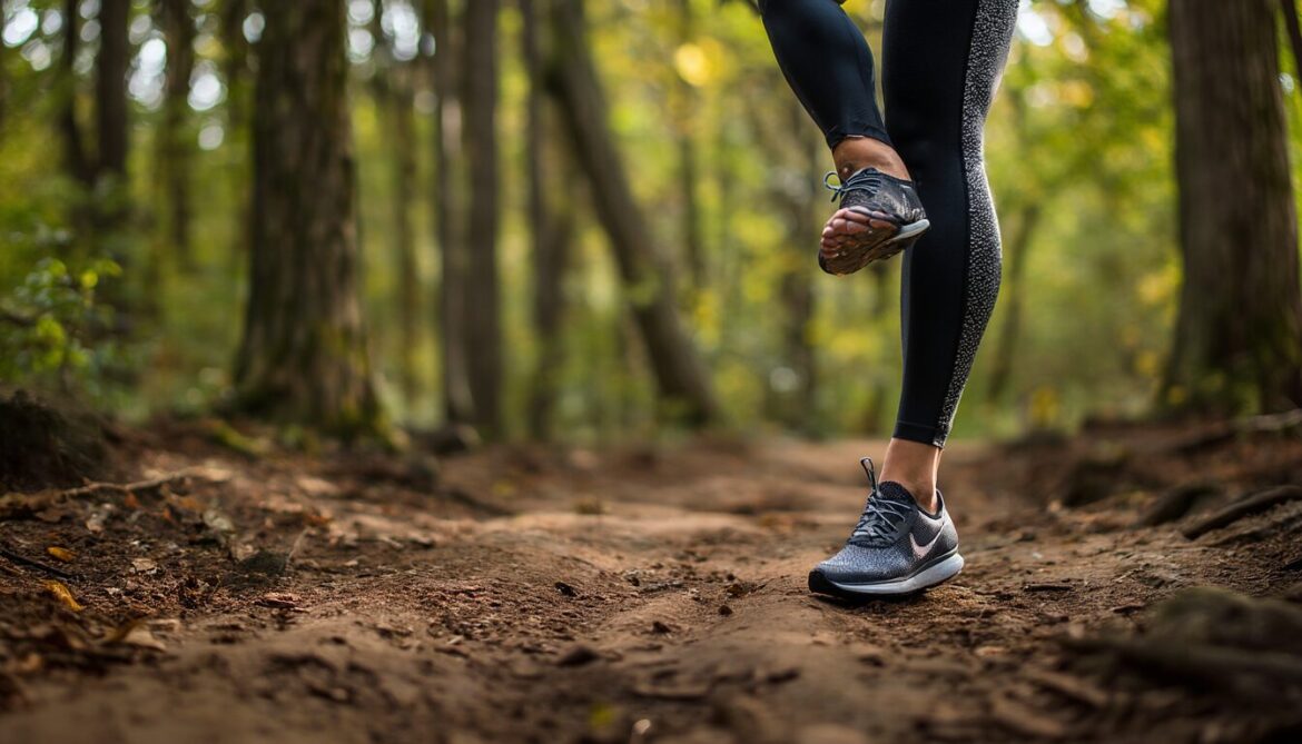 Sportlerin trainiert ihr Gleichgewicht im Einbeinstand auf unebenem Waldboden