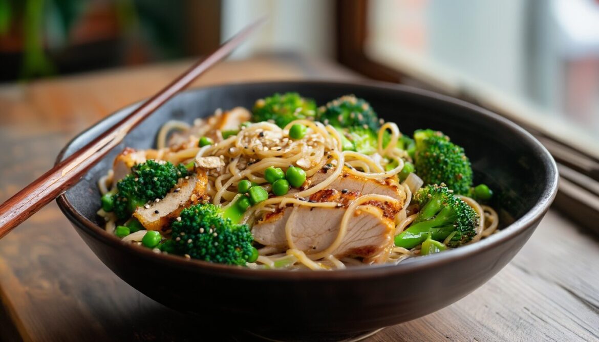 Warmer Udon Salat mit Brokkoli, Pute, Erbsen und Lauch in einer dunklen Schüssel
