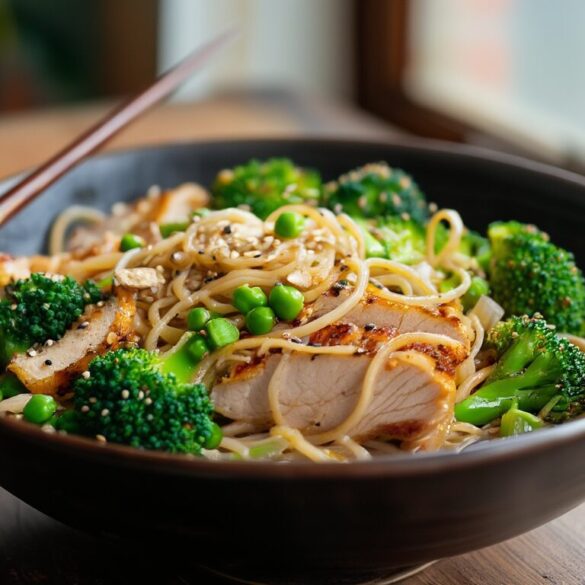 Udon Salat mit Brokkoli und Pute – warm in 25 Minuten Warmer Udon Salat mit Brokkoli, Pute, Erbsen und Lauch in einer dunklen Schüssel