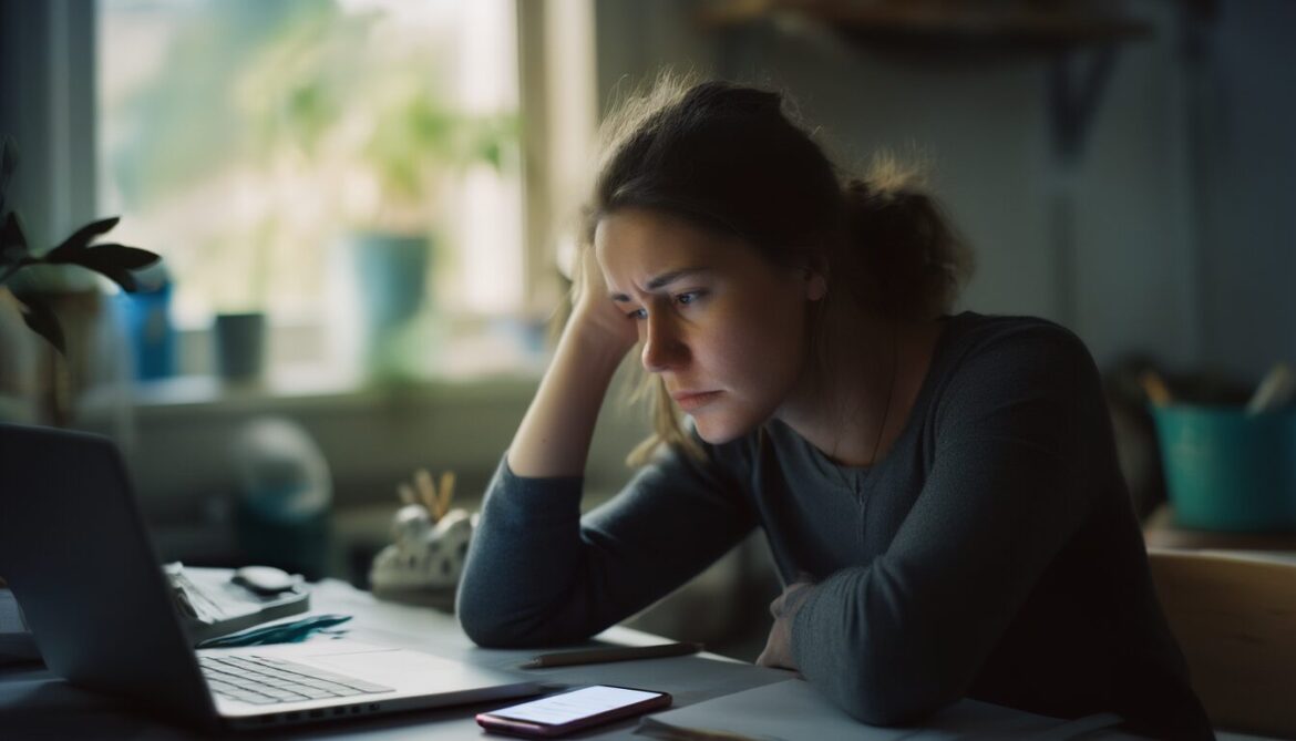 Erschöpfte Frau am Schreibtisch mit Laptop und Smartphone als Sinnbild für Stress im Alltag