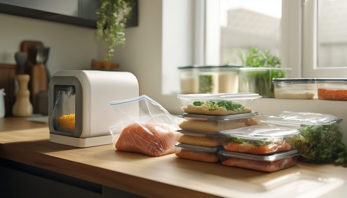 Vakuumierer verschweißt einen Beutel mit Fleisch, daneben gestapelte vakuumierte Meal-Prep-Portionen auf der Küchenarbeitsplatte